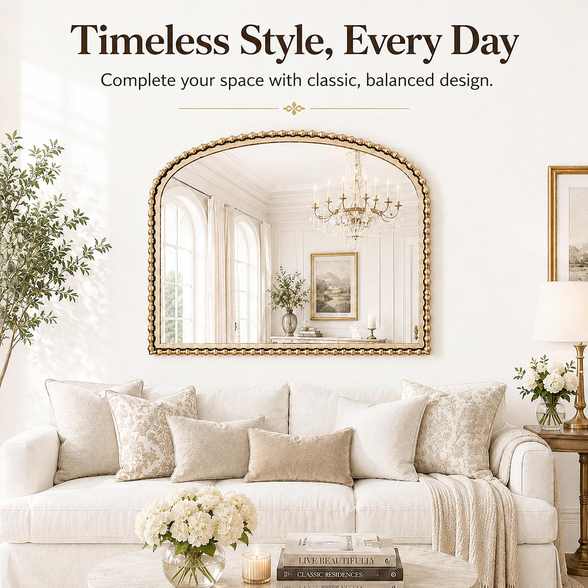 CAVINHOME 40"x30" Wide Arch Wall Mirror, Antique Gold Bold Beaded Frame