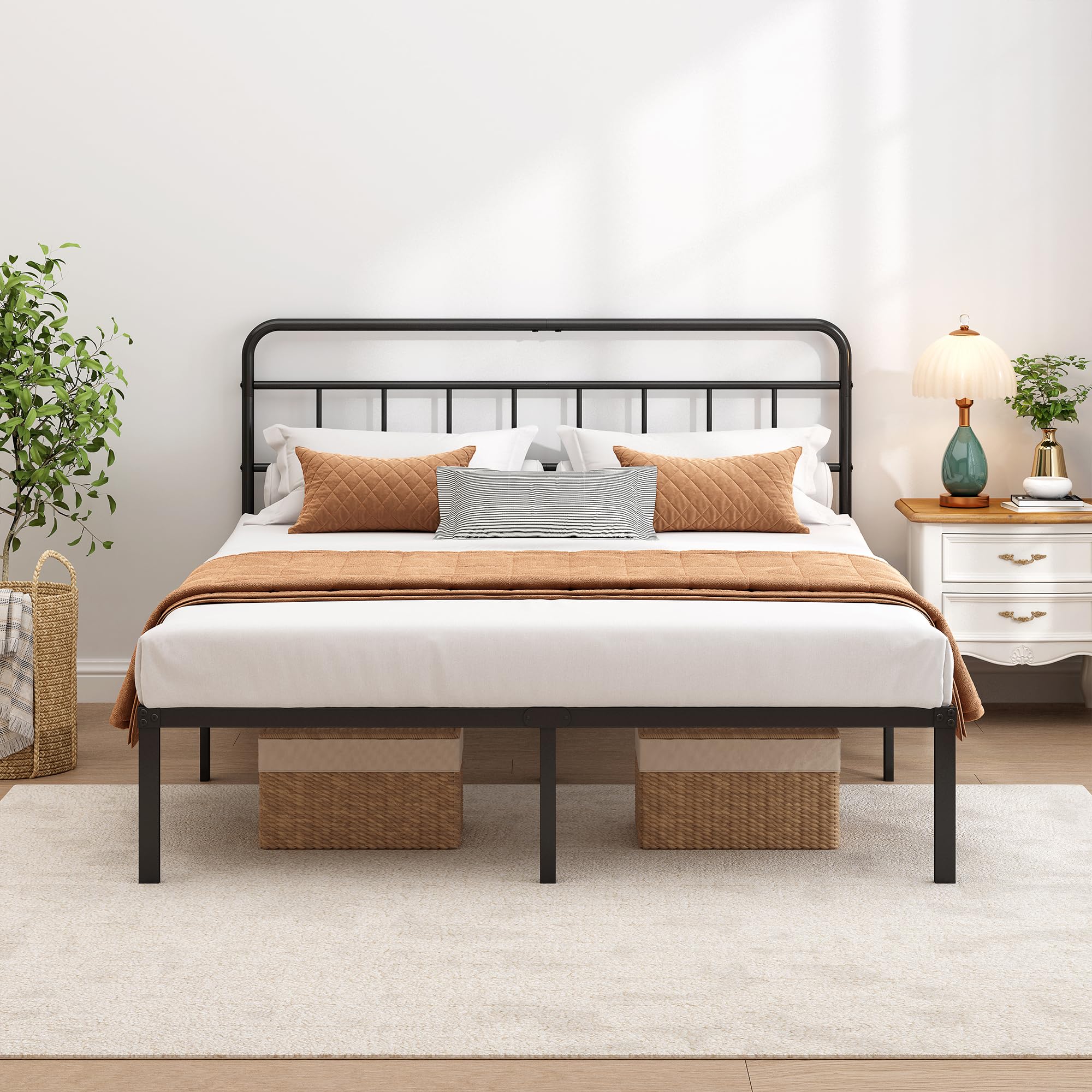 Metal Platform Bed Frame with Headboard & Under-Bed Storage