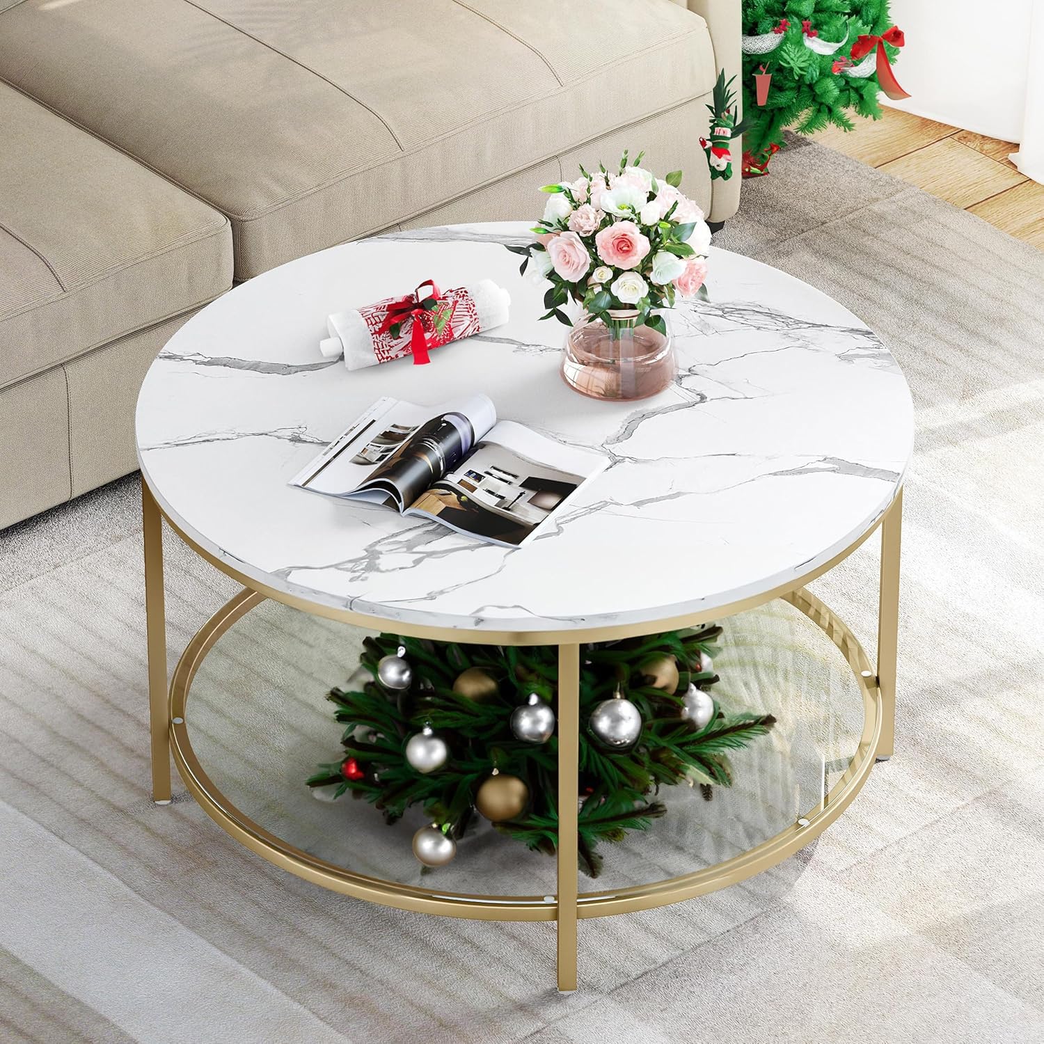 Round Marble Coffee Table with Glass Shelf