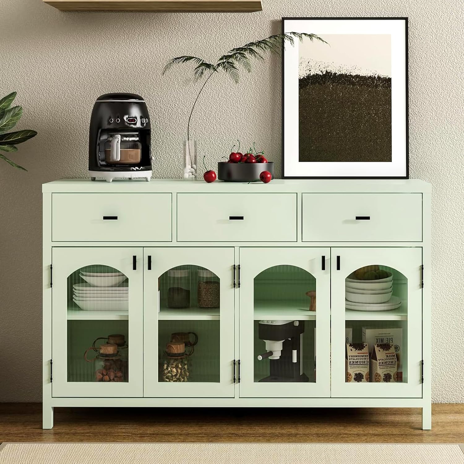 Chyanmoo 54.4" Sideboard Buffet Cabinet with Storage, Farmhouse Credenza with 3 Drawers & 4 Arched Fluted Glass Doors, Kitchen Coffee Bar for Dining Room, Living Room (Green)