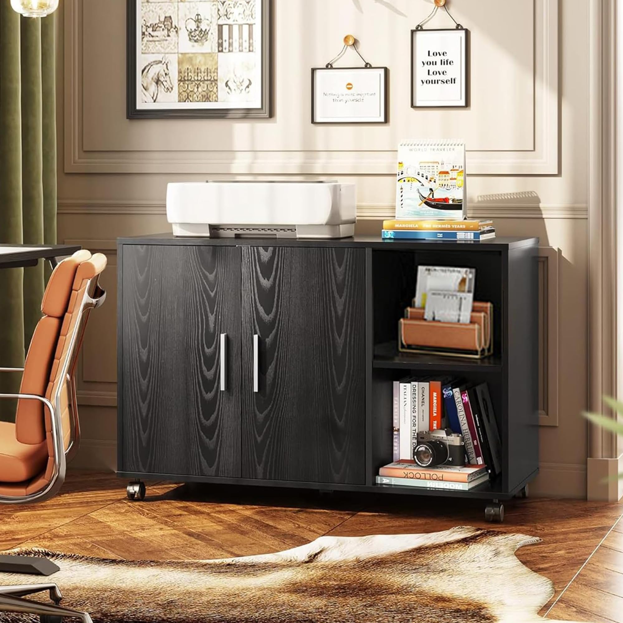 Rolling Office Storage Cabinet with Doors & Shelves