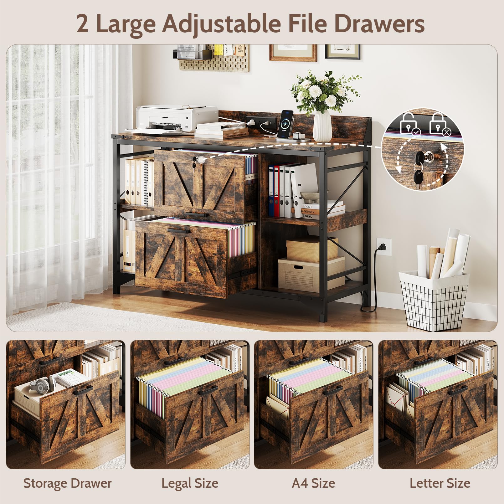 Lateral Filing Cabinet with Lock & Power Outlets