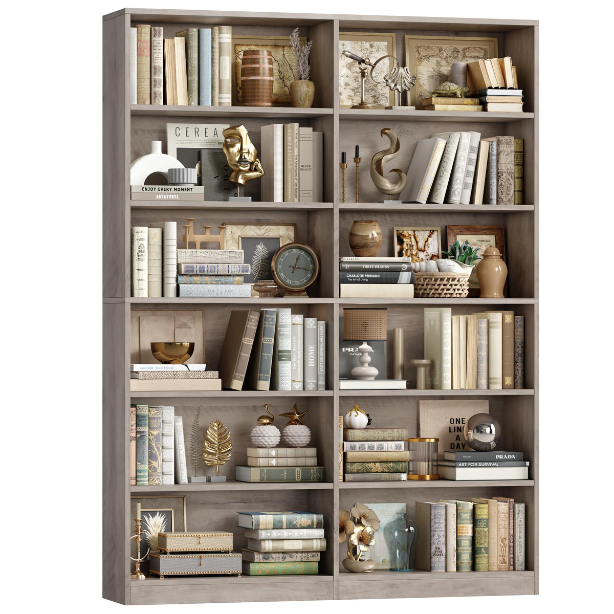 FACBOTALL Bookshelf Tall Bookcase, 6-Tier Double Wide Bookshelves,Wash Grey