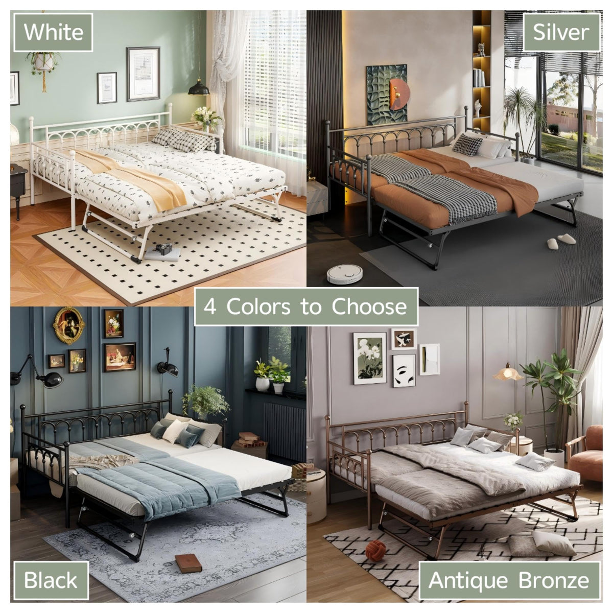 kuurfuurdo Day Bed with Trundle Bed Twin Size Metal Daybed with Pop up Trundle Daybed Farme Space Saving Sofa Bed for Adults Kids Bedroom Guest Room Living Room No Box Spring Needed