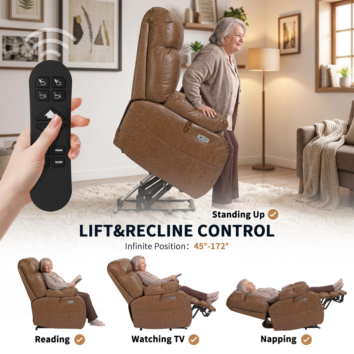 EONIX Oversized Zero Gravity Power Lift Recliner Chair Elderly, Nut Brown