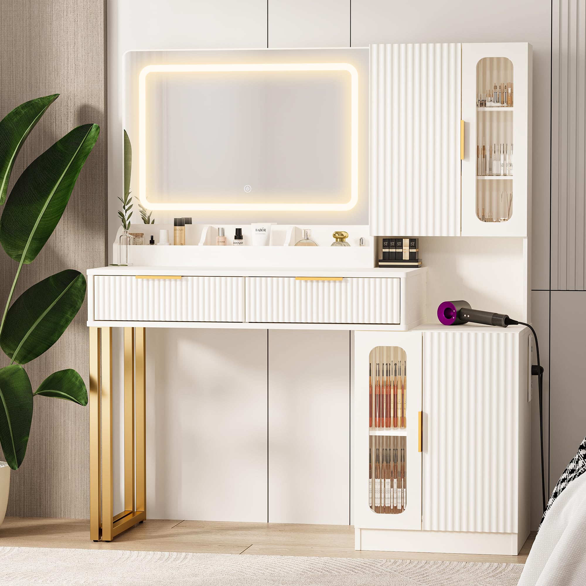 42" Modern Makeup Vanity Desk with Mirror and Lights, Makeup Vanity with 5 Shelves& 2 Drawers and Cabinet, Vanity Table with Power Outlet, 3 Color Adjustable Lighting Dressing Table Set for Bedroom