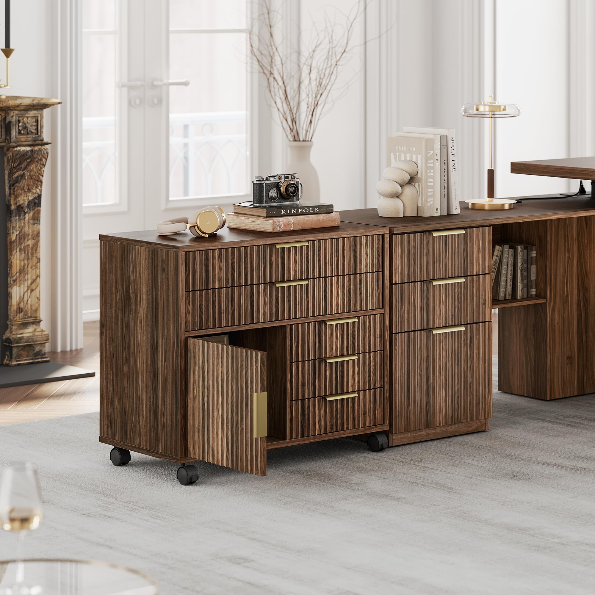 Fluted Mobile File Cabinet with 5 Drawers