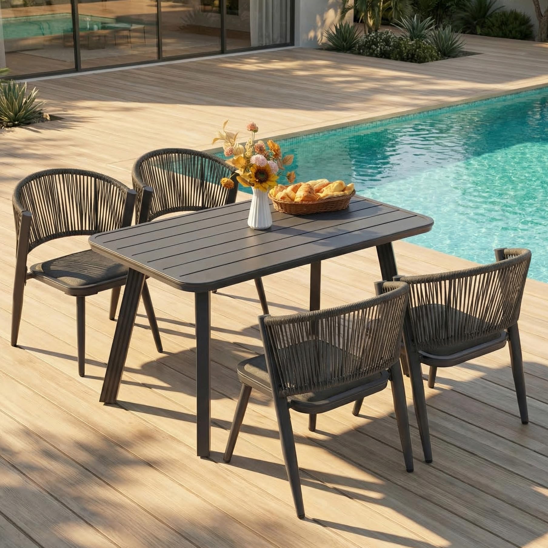 AXMOLM 5 Pieces Patio Dining Set Outdoor Table and Chairs,Woven Rattan Wicker Chair Outdoor Dining Set for 4, All Weather Aluminum Frame Oudoor Funiture Set for Backyard Porch and Deck
