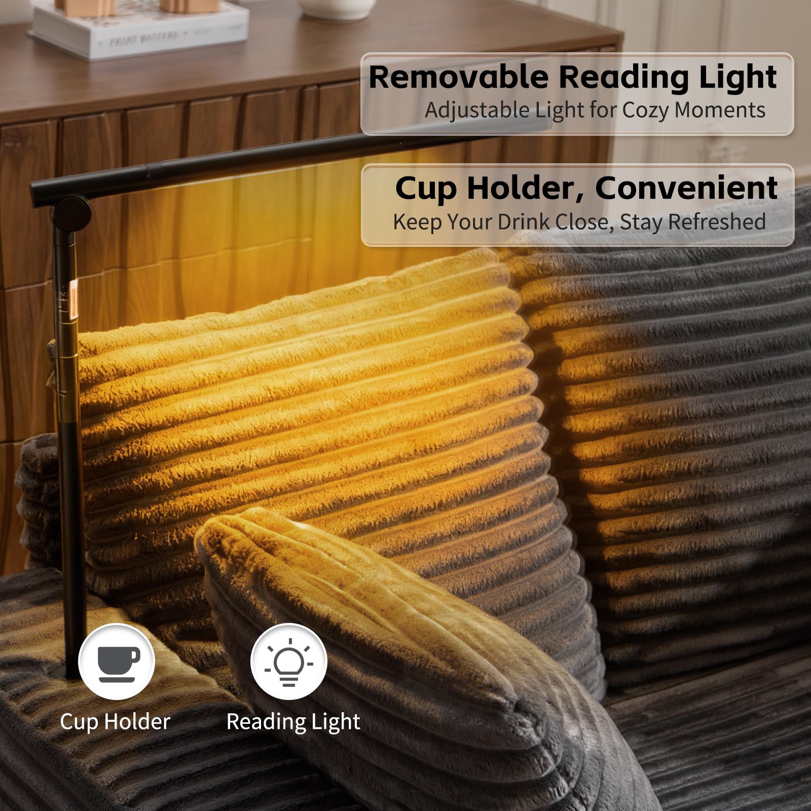 AEDI Oversized Chaise Lounge Chair with Reading Light & USB Charging,Sleeper Sofa with Cup Holder, Solid Wood Frame,for Living Room,Bedroom(Corduroy Grey)