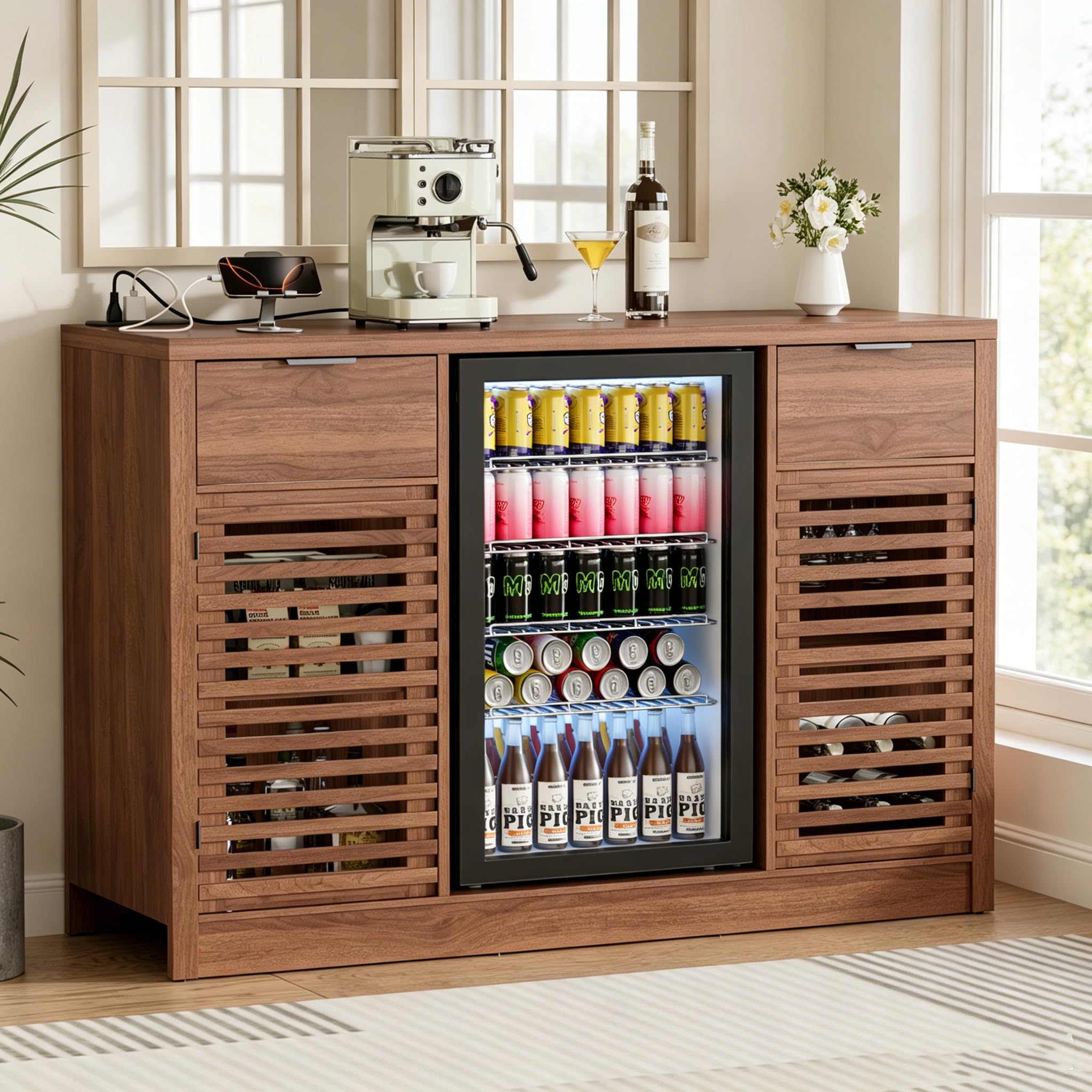 Coffee Bar Cabinet with Fridge Space, Liquor Wine Bar Cabinets with Wine Rack and Glass Holder, Mini Fridge Cabinet with Drawer & Storage, Fluted Buffet Sideboard for Dining Room, Kitchen (Walnut)