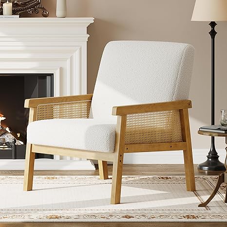 Rattan Accent Chair with High Back & Wooden Frame