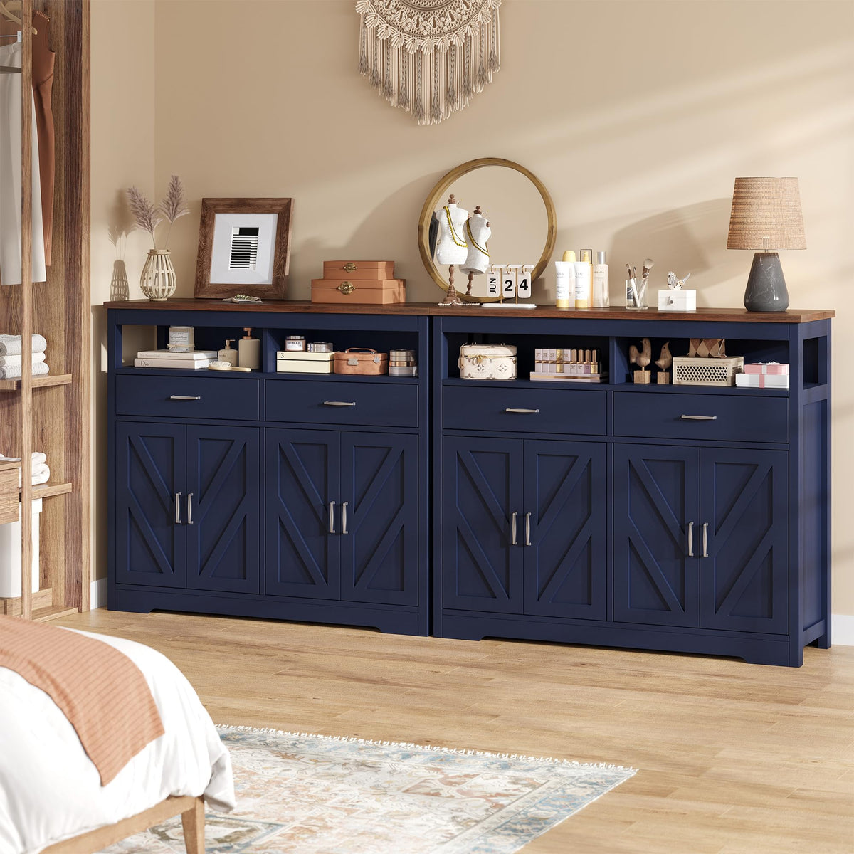 knoworld Sideboard Buffet Cabinet with Storage & Shelves, Farmhouse Kitchen Storage Cabinet Wood Coffee Bar Sideboard Cabinet with 4 Doors for Kitchen, Living Room, Entryway, 47" W Blue