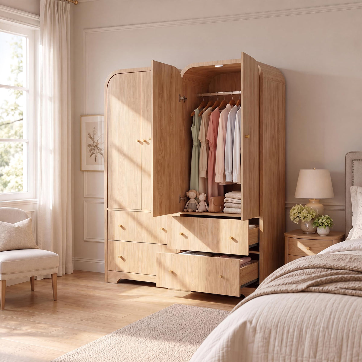 Seang Arched Armoire Wardrobe Closet,70" Wooden Wardrobe Cabinet with 2 Drawers,Hanging Rod,2 Doors Clothing Storage Cabinet for Bedroom,Gym,Cloak Room,Natural