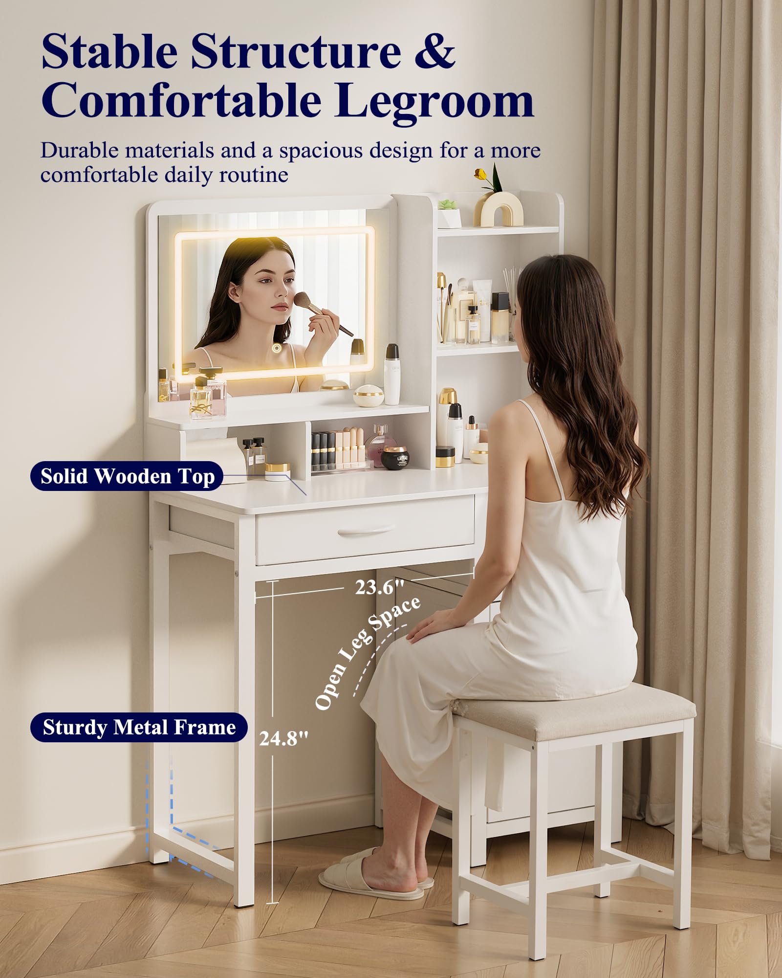Kitsure Vanity Desk with Mirror and Lights - Large Capacity Makeup Vanity with 4 Fabric Storage Drawers & 3 Lighting Modes, Vanity Table Set with Sturdy Metal Frame for Bedroom, White, 35" x 17" x 52"