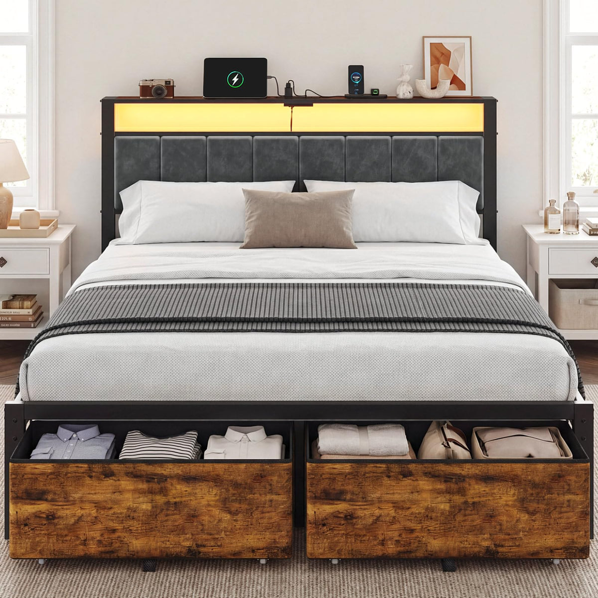 Queen Storage Bed with LED Headboard