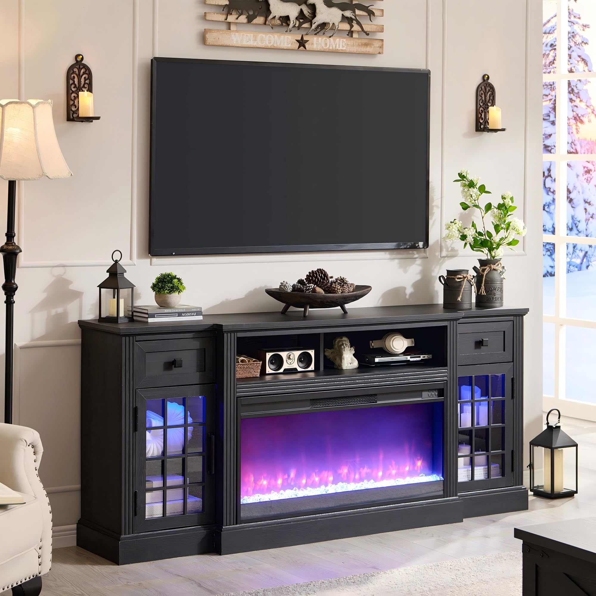 ACCOHOHO Farmhouse Fireplace TV Stand for 80 Inch TV, Entertainment Center w/ 36'' Electric Fireplace & LED Lights, Mordern Media Console with Storage Drawers & Cabinets for Living Room, Black