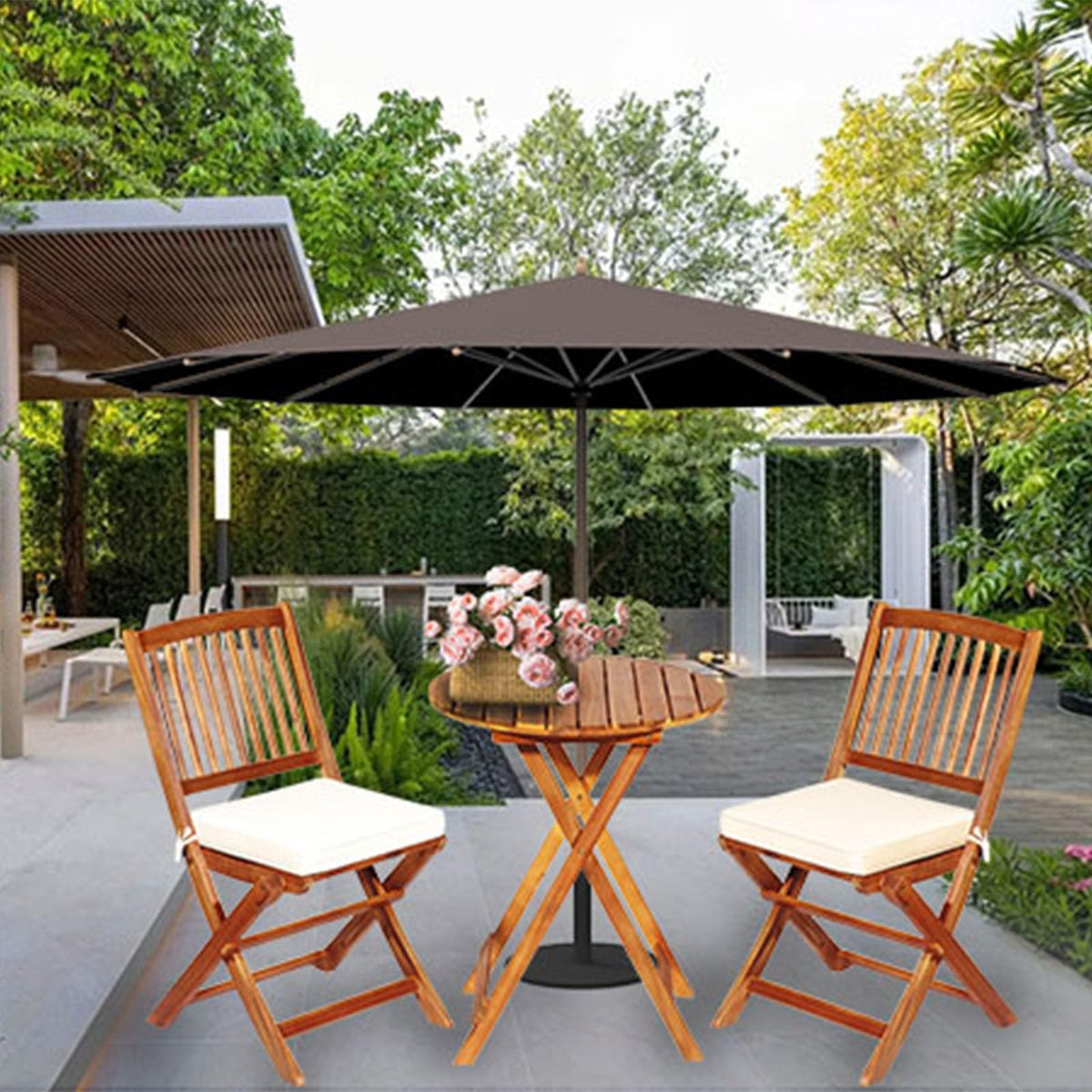 S AFSTAR Bistro Table and Chairs Set of 2, Acacia Wood Folding Bistro Set for 2 with Detachable Soft Cushions, 3PC Outdoor Wood Bistro Set for Patio, Balcony, Garden & Yard (Natural Color)