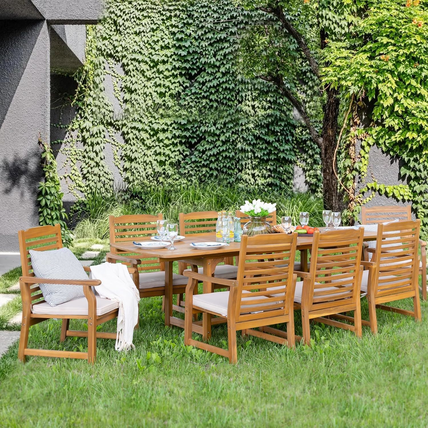 PHI VILLA Outdoor Acacia Wood Dining Table for 6-8, Large Extendable Rectangular Teak Table with Umbrella Hole, Farmhouse Outside Furniture for Patio, Deck, Porch, Yard