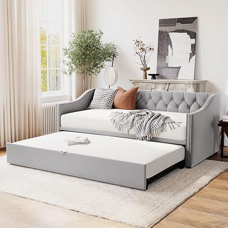 Twin Upholstered Velvet Daybed with Pop-Up Trundle