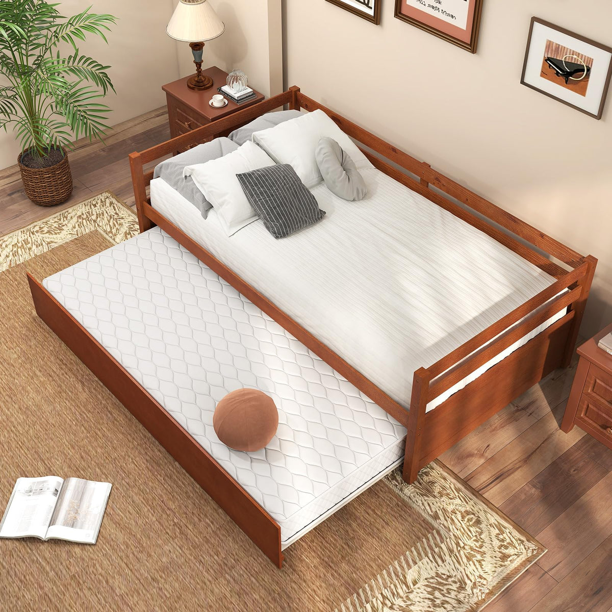 GIANTEX Twin Daybed with Trundle, Wood Trundle Bed with Wood Slat Support, Mid Century Day Bed Frame for Living Room Guest Room, No Box Spring Needed, Walnut