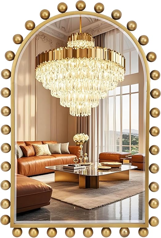 Wide Arch Wall Mirror with Antique Gold Ball Frame & Beveled Glass
