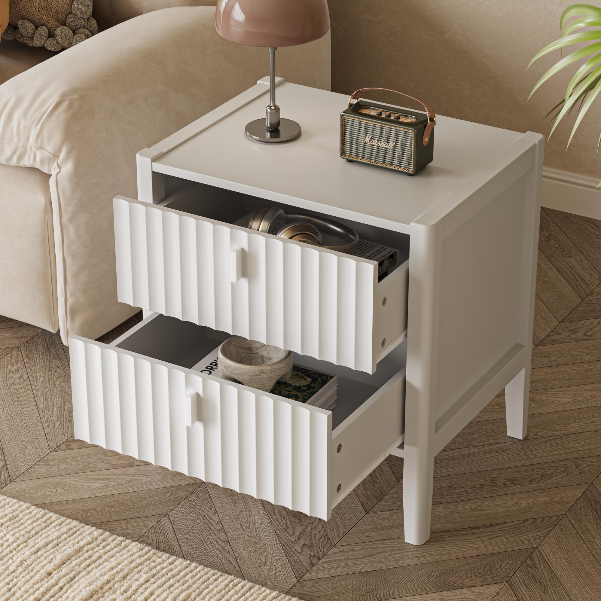 Nightstand with 2 Drawers, Fluted Bedside Table