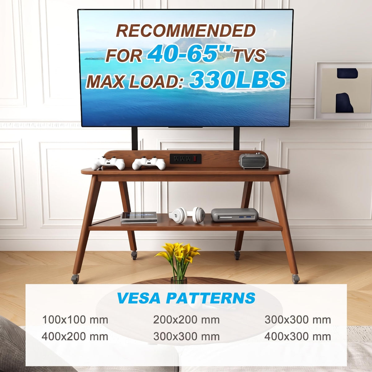Solid Wood Rolling TV Stand