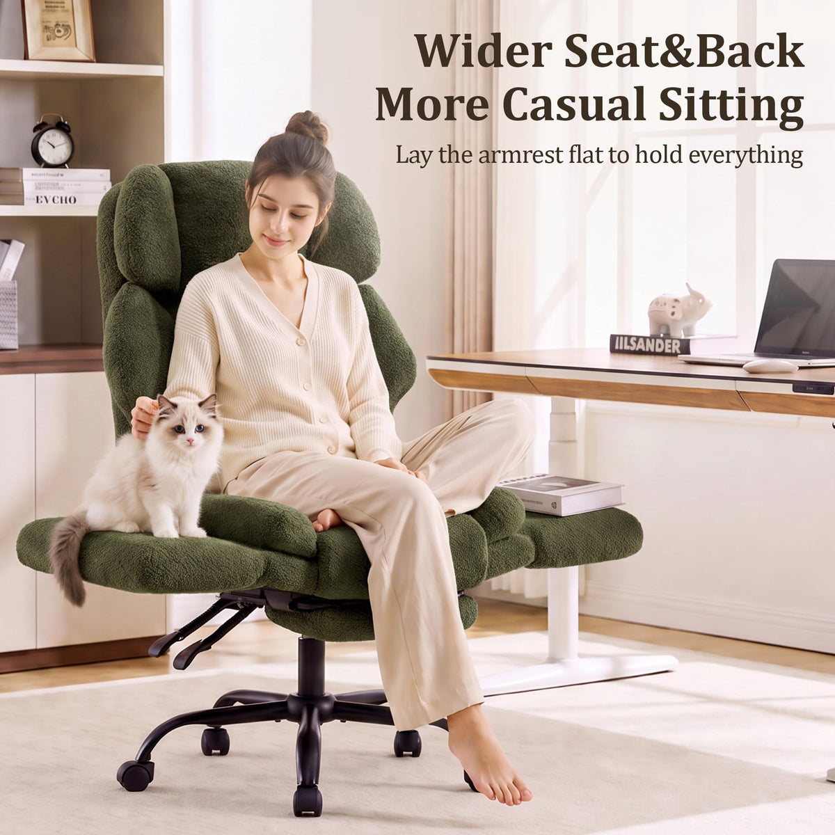 YUUIJOAA Big and Tall Office Chair with Flip Armrests and Footrest, Teddy Wide Seat Criss Cross Legged Home Desk Office Chair with Pet Seat,Reclining Computer Gaming Chair with Lumbar Pillow, Green
