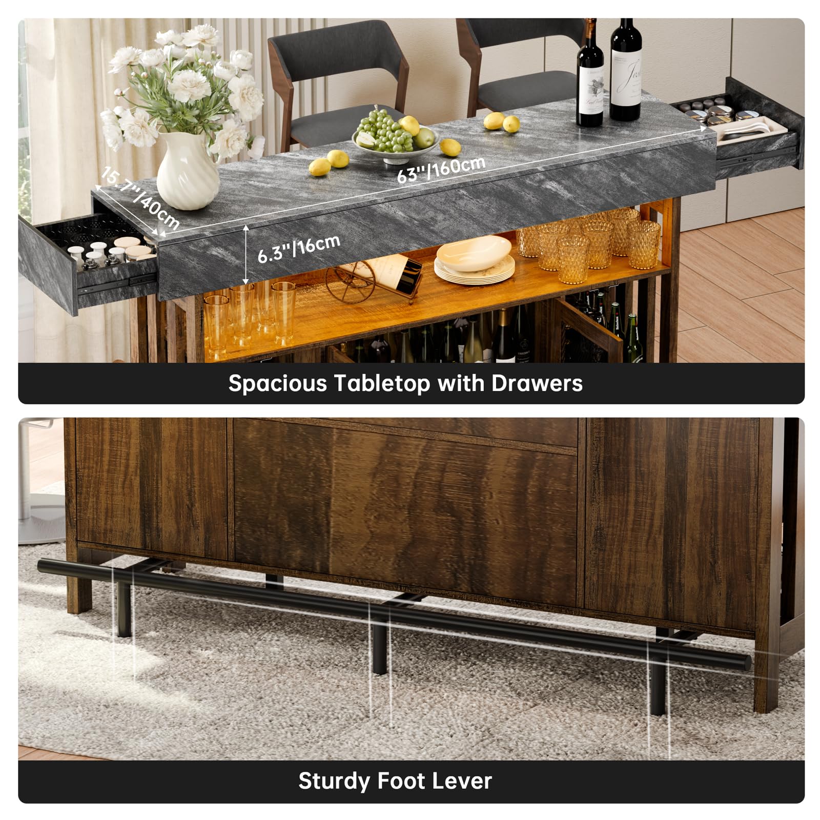 Bar Table Cabinet with LED Lights & Wine Storage