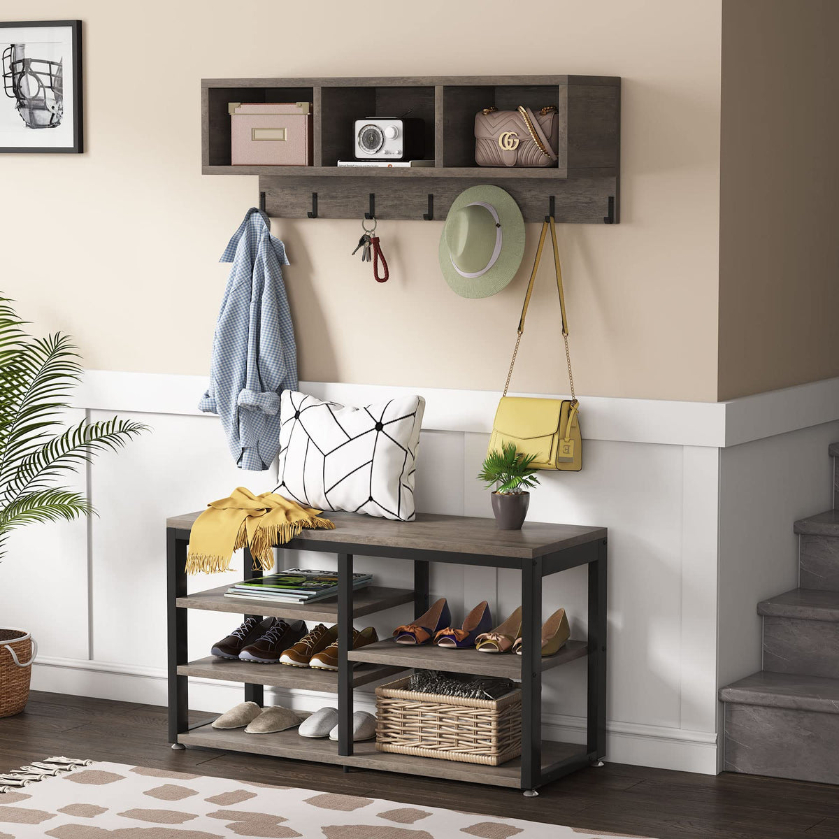 Industrial Coat Rack & Shoe Bench Set
