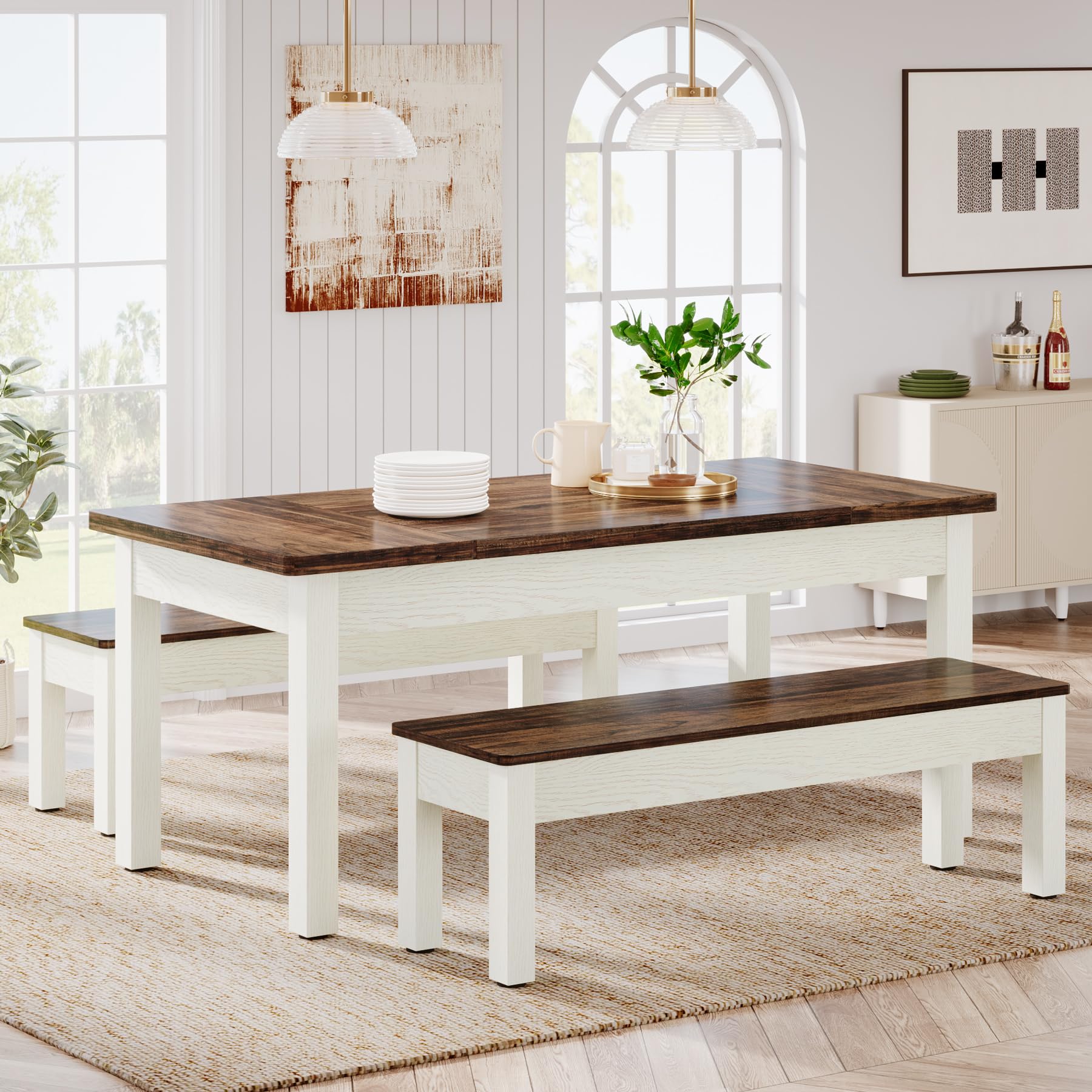 55" Farmhouse Dining Table Set with 2 Benches