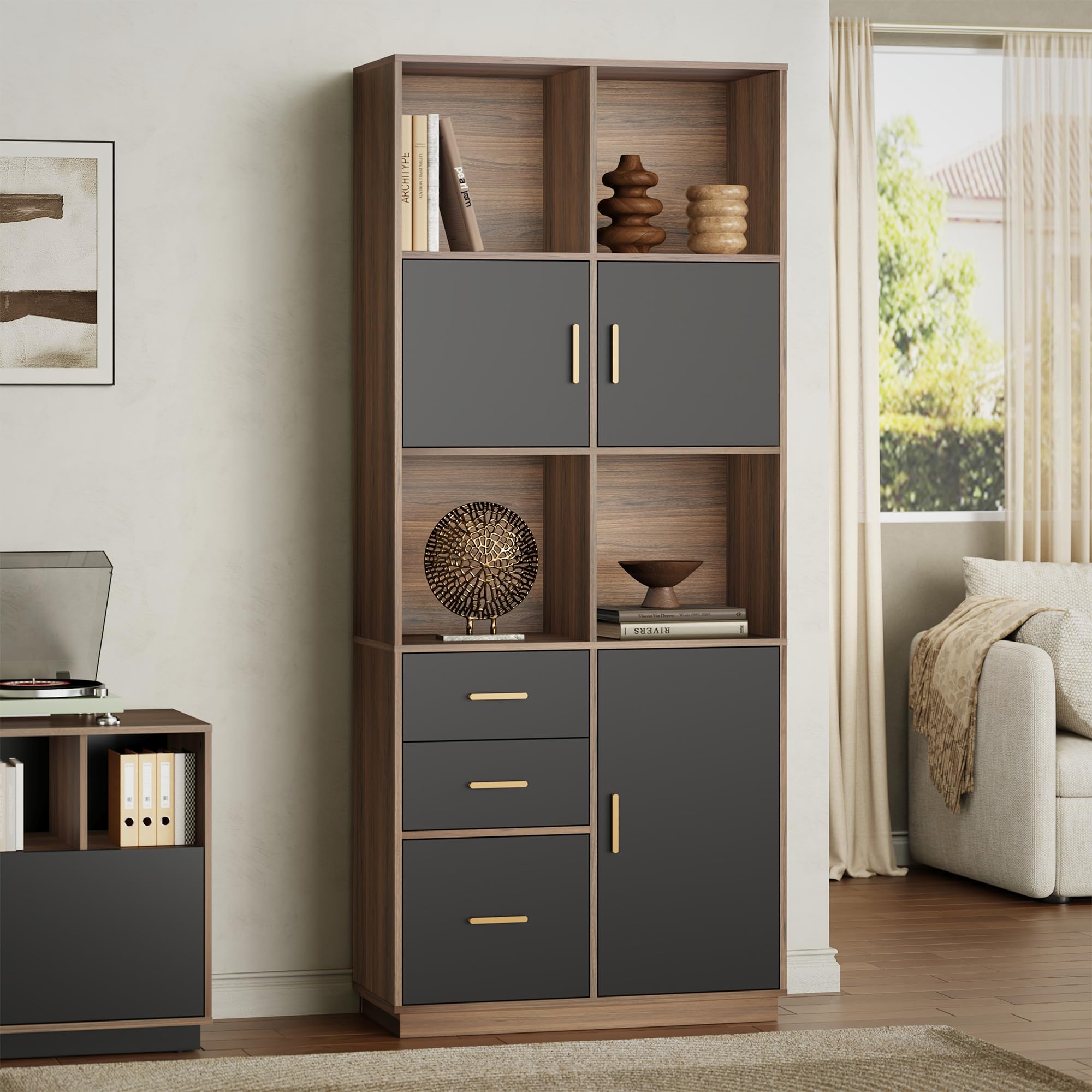 74.6" Tall Bookcase with 3 Drawers & Doors, Wood Bookshelf with Open Cubes & Adjustable Shelves, Fits A4 Hanging Files, Modern Free-Standing Bookcase for Home Office, Living Room, Study, Black Walnut