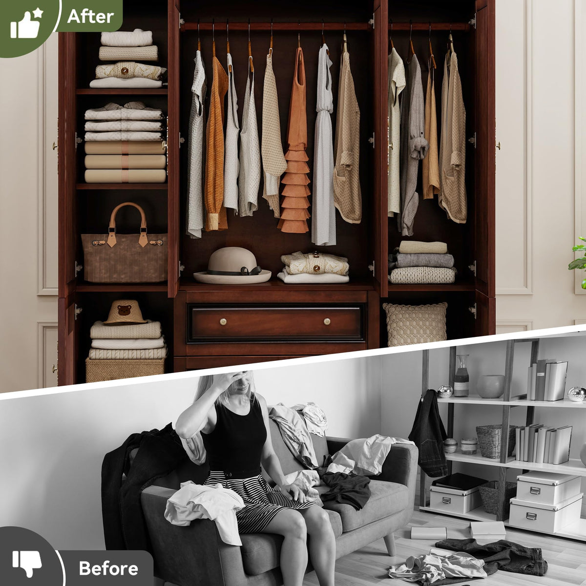TemkTuek Solid Wood Armoire:Wardrobe Closet with Drawers and Hanging Rod