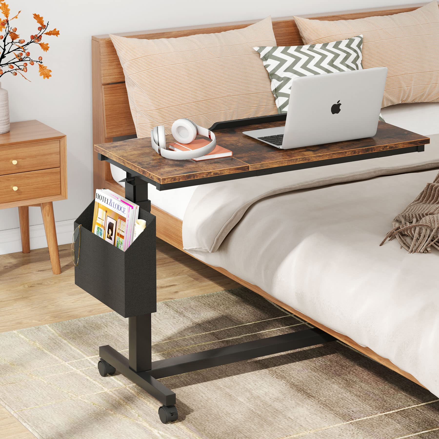 Height Adjustable C-Shaped End Table with Wheels