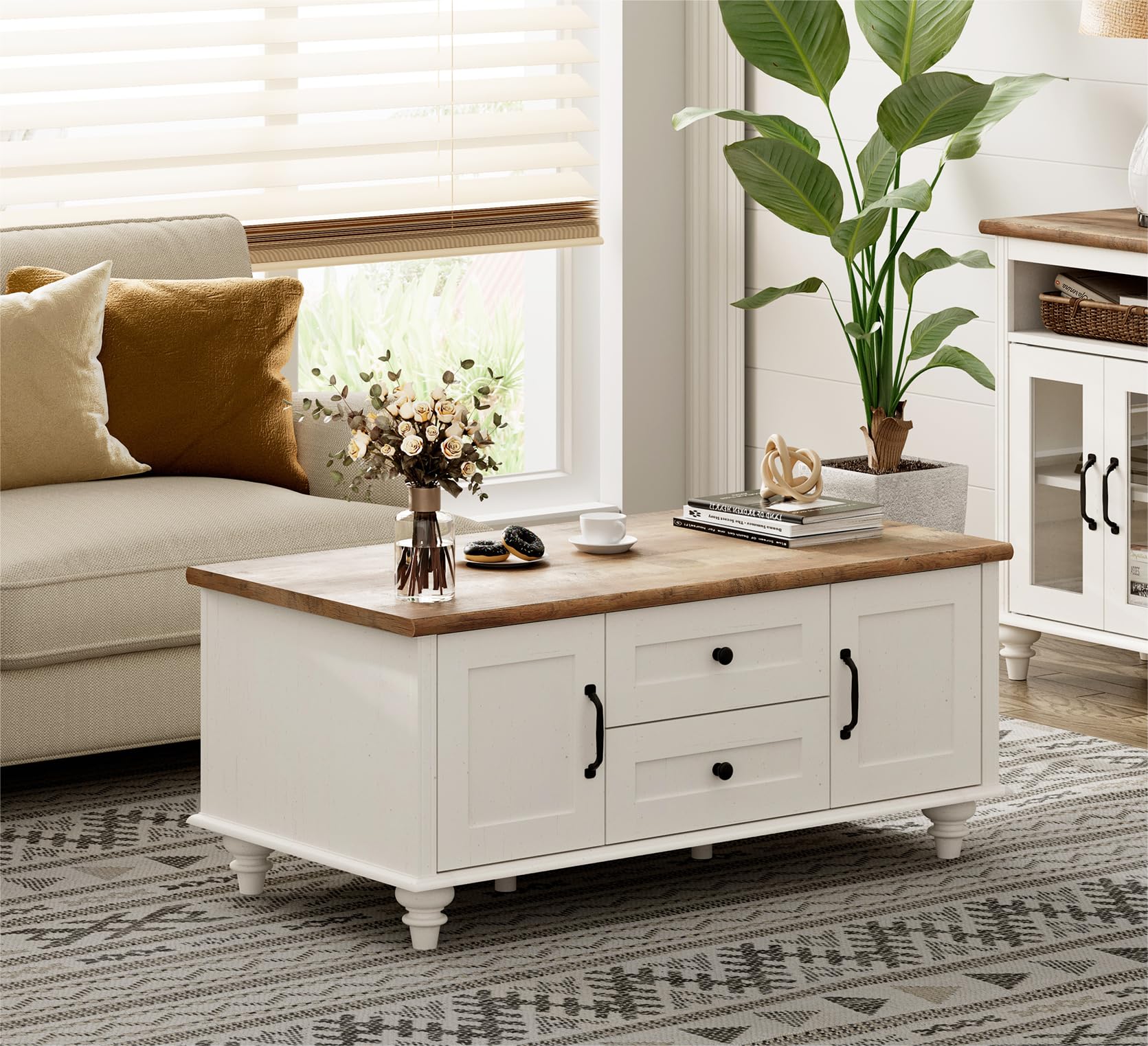 WAMPAT 3 Pieces Living Room Table Set, One Modern Coffee Table with Storage Cabinet, Set of 2 End Tables Nightstands with Charging Station, White