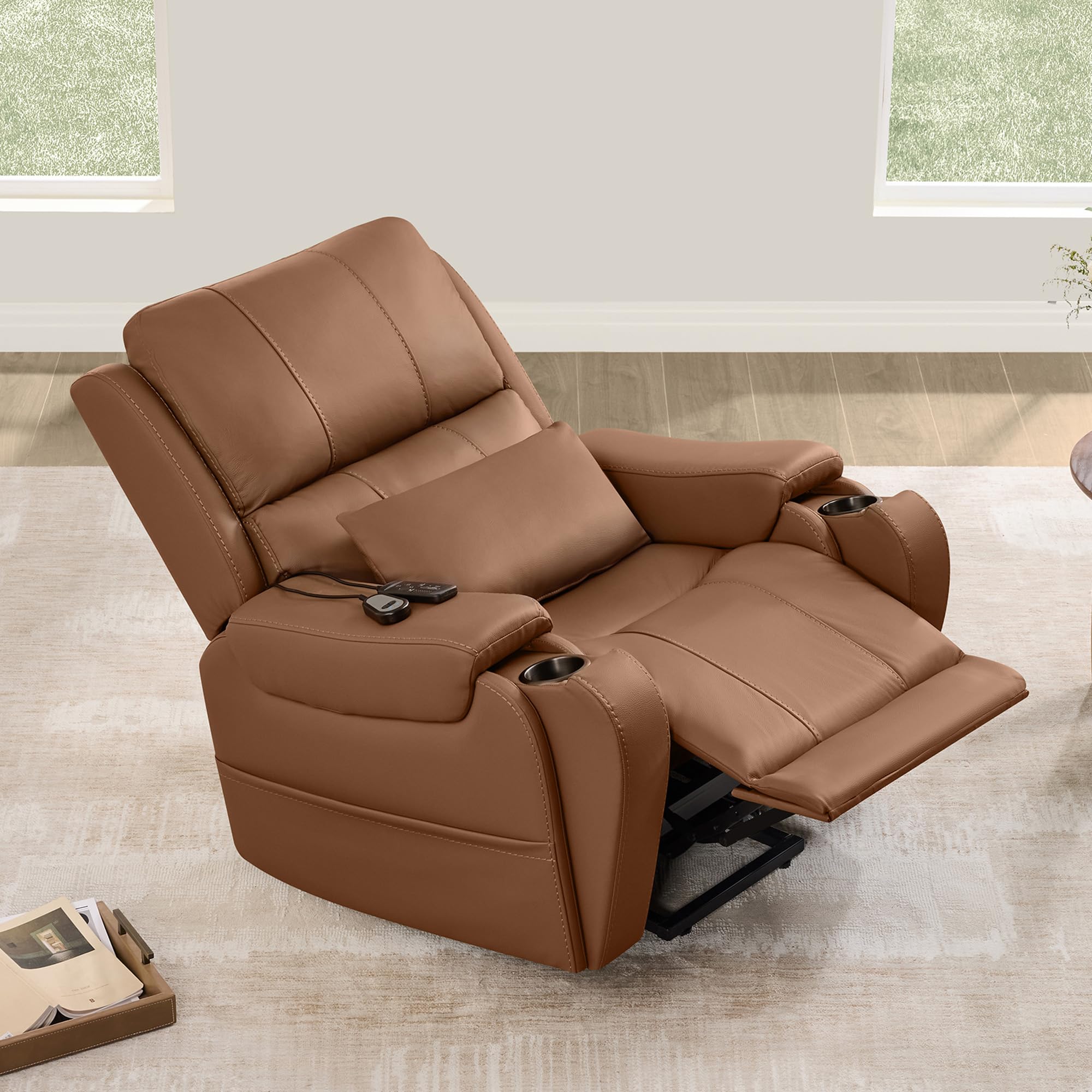 CHITA Power Lift Recliner Chair for Elderly with Heat and Massage, Genuine Leather Electric Lift Chairs with Cup Holder, Removable Lumbar Pillow, 2 Side Pockets, Leather in Saddle
