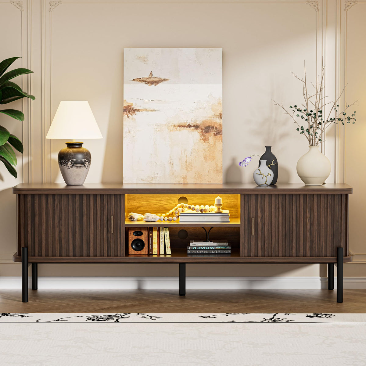 Mid Century TV Stand for TVs up to 80 Inches, Modern Fluted Entertainment Center with Sliding Tambour Doors, Smart LED Lights, Adjustable Shelves and Storage, TV Console for Living Room, Walnut
