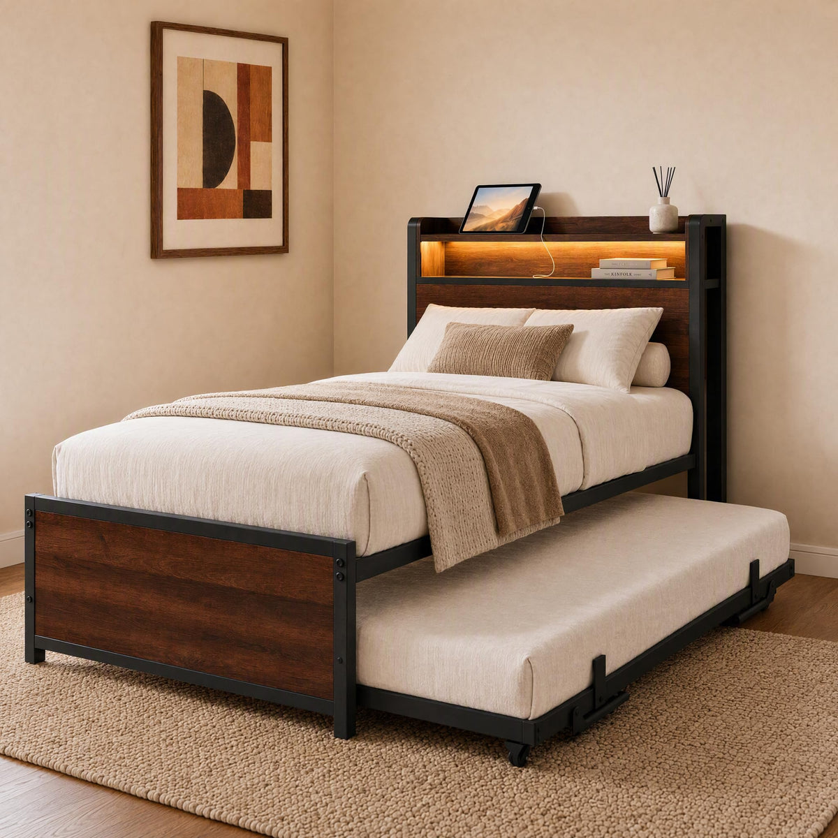 LIKIMIO  Twin Daybed with Trundle, LED Lights and Charging Station