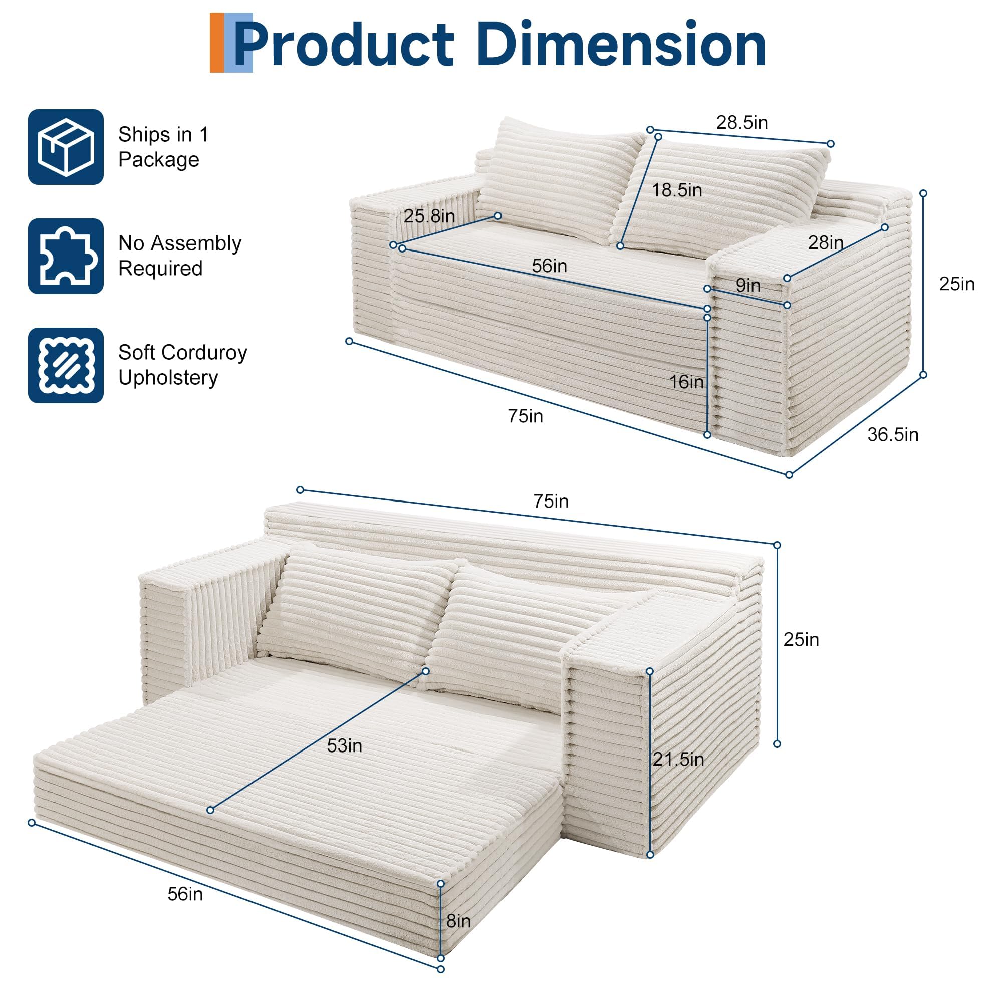 IDEALHOUSE 75 Inch Convertible Sofa Bed, Boneless Sleeper Sofa, 2 in 1 Folding Couch Bed with 2 Pillows, Pull Out Couch Bed, Loveseat Sofa for Living Room Bedroom, No Assembly, Beige