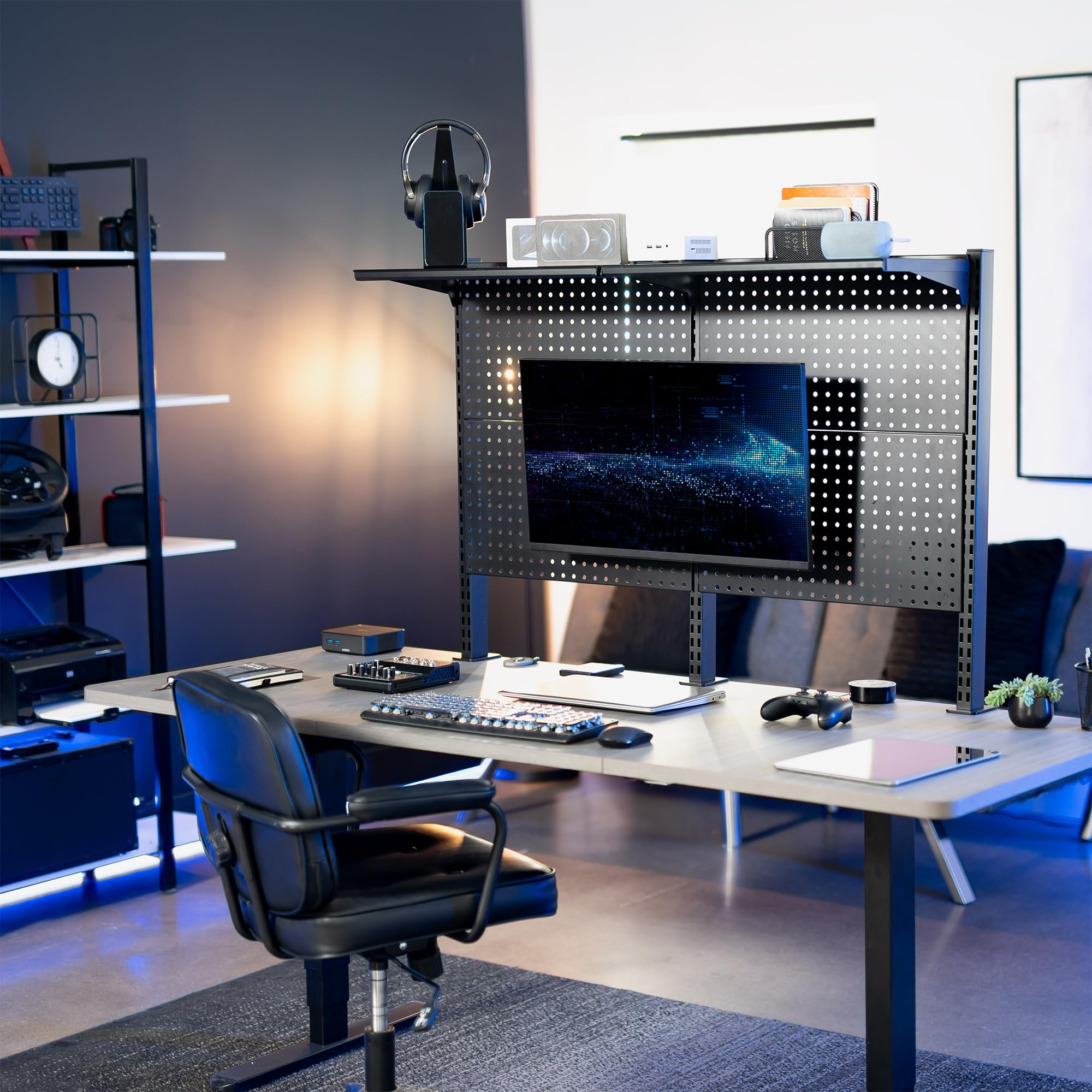 Desk Pegboard System with Dual Monitor Mounts & Storage Shelf