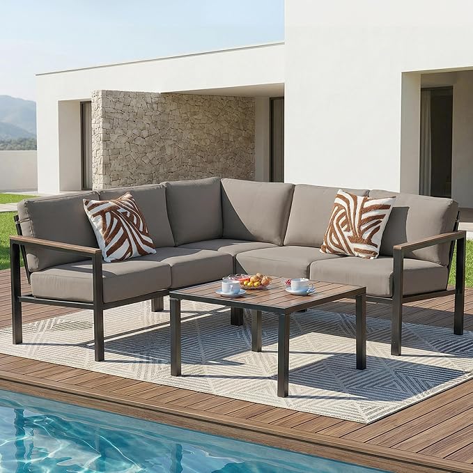 6-Piece L-Shaped Patio Sectional Set with Faux Wood Armrests & Cushions