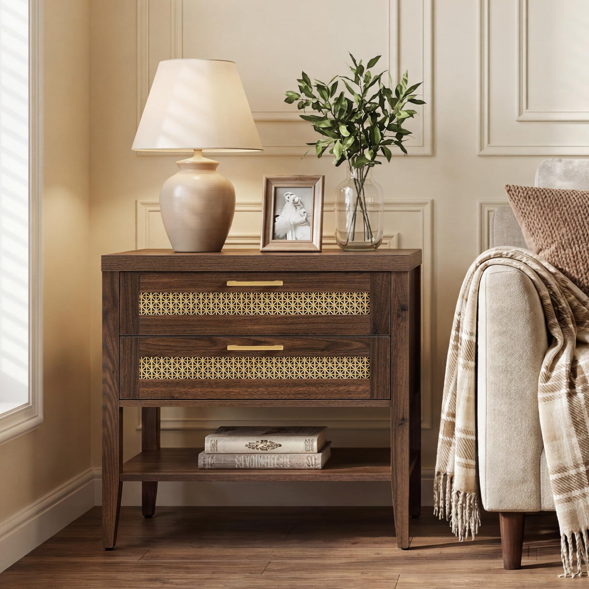 SICOTAS Night Stand Set 2,Rustic Nightstand Set of 2 with Drawer and Shelf