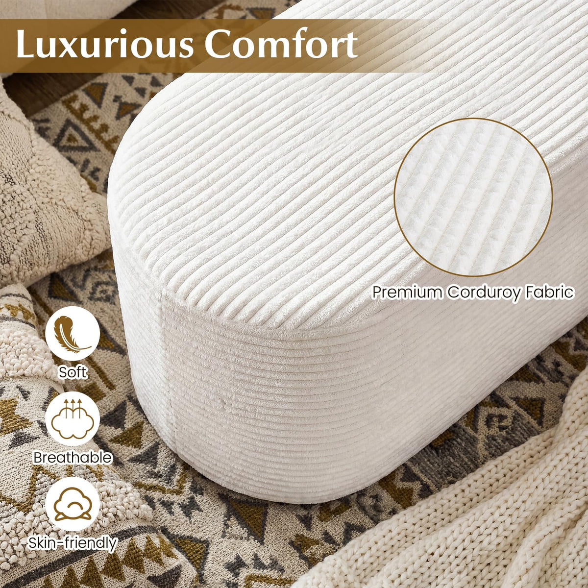 GIANTEX Stuffed Pouf Ottoman Bench, 47" Plush Corduroy End of Bed Bench with High-Density Sponge, Oval Ottoman Foot Rest for Living Room, Entryway, Hallway, Beige