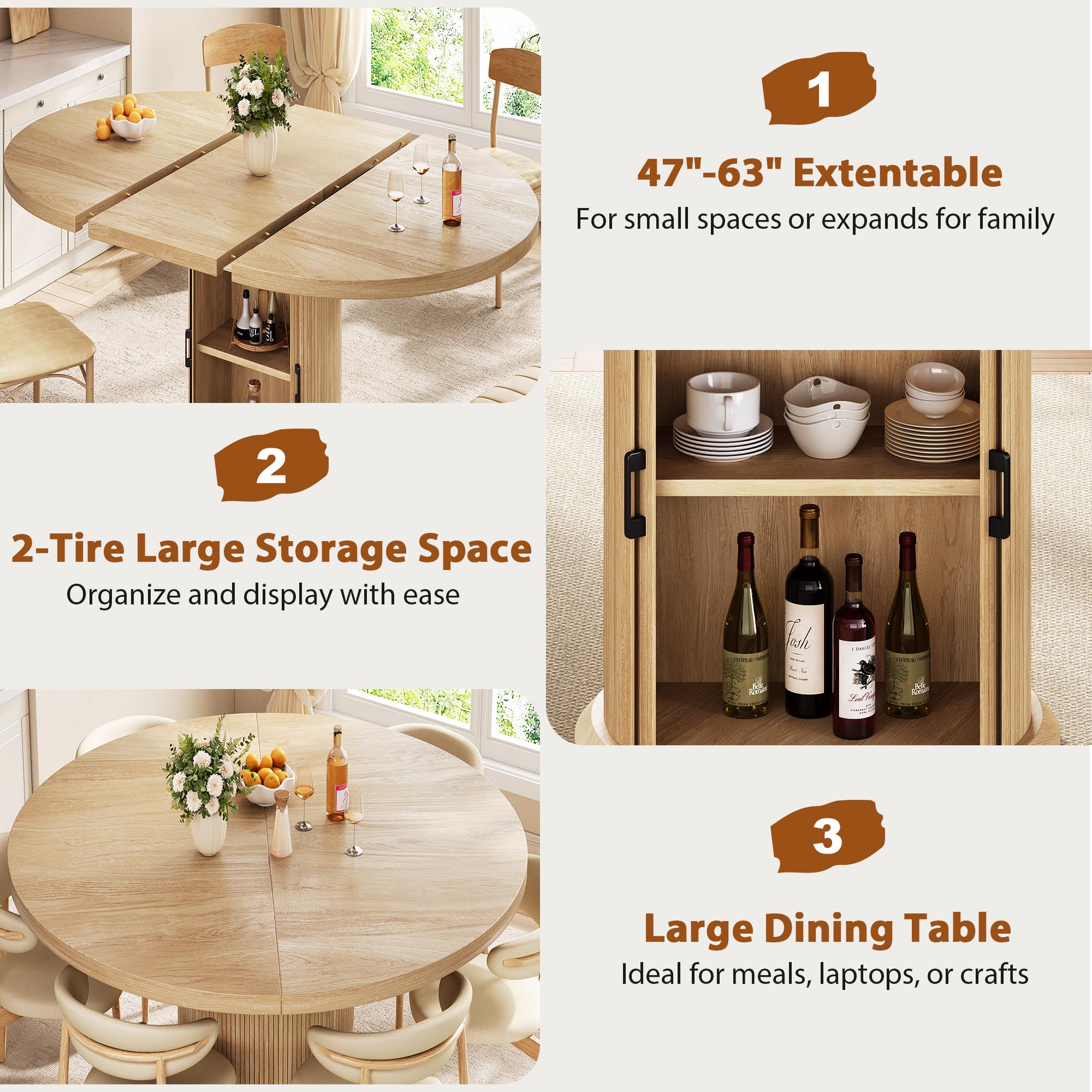 Extendable Round Dining Table 47"-63" with 2-Tier Storage Shelf