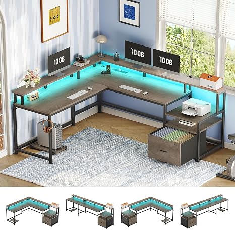 L-Shaped Desk with File Drawer, Power Outlet & LED Lights