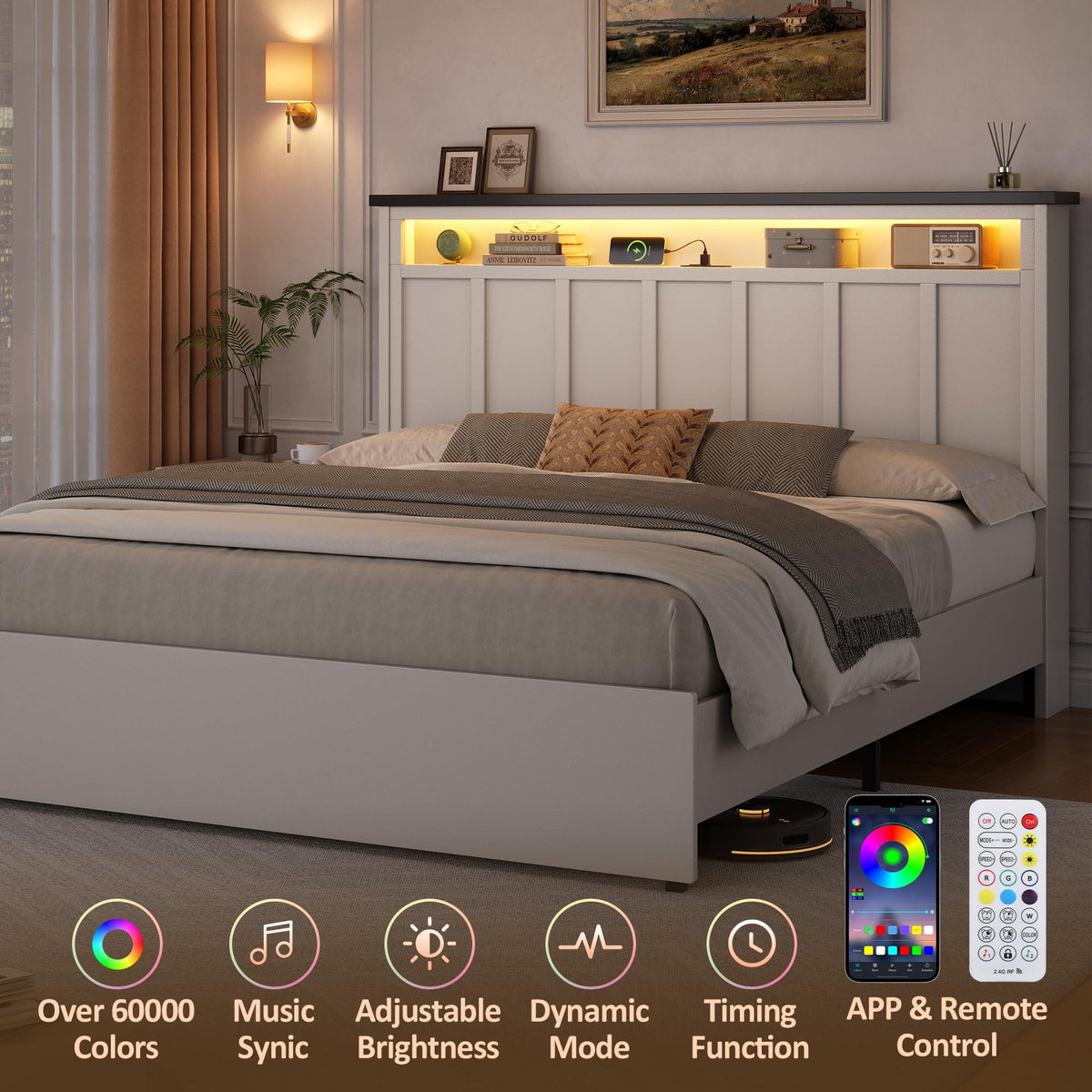 Glirun Queen Bed Frame with 2-Tier Storage Headboard, White