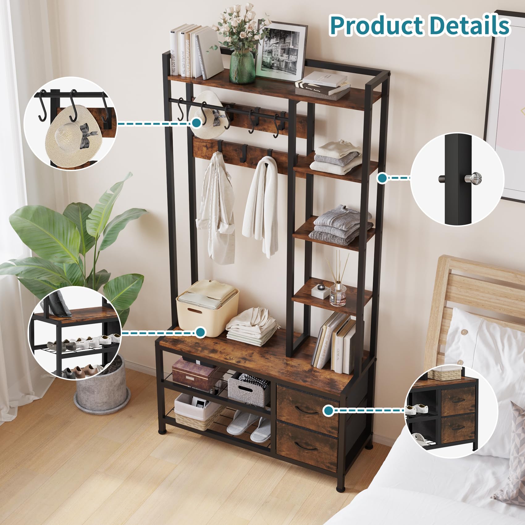 6-in-1 Hall Tree with Bench, Drawers & Shelves