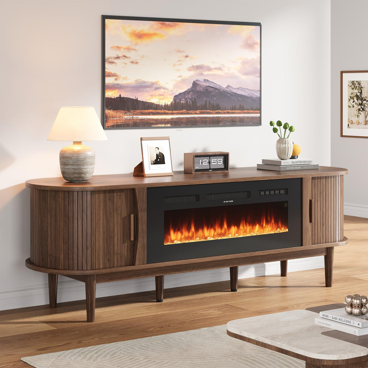 Decofy 70" Fireplace TV Stand for TVs Up to 80" for Living Room, Walnut