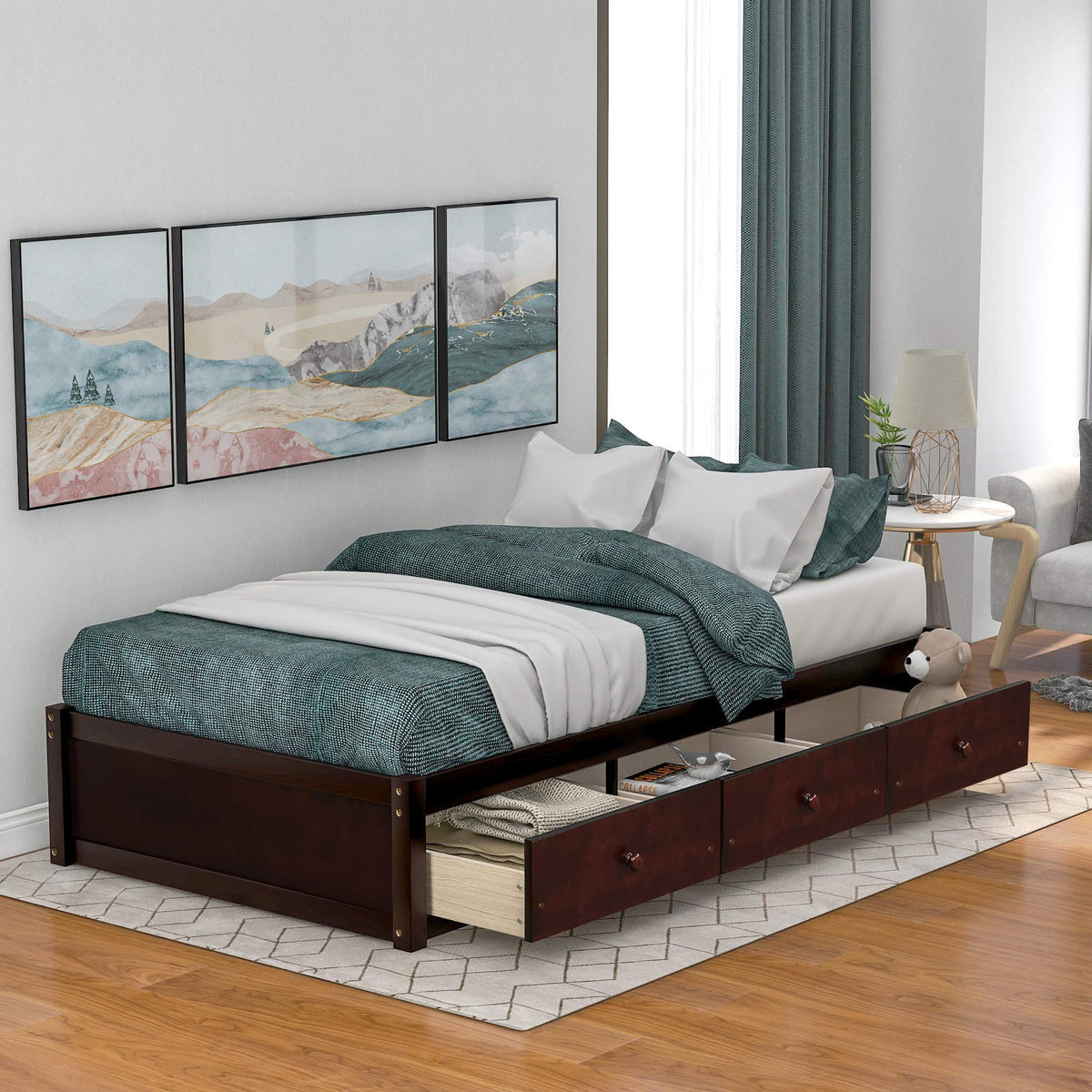 Merax Wood Bed Frame with 3 Drawers Twin Storge Day Bed with Wood Slat Support Space Saving Cherry