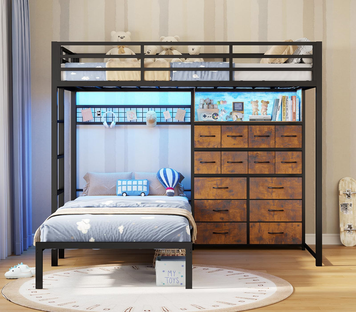 BTHFST Bunk Bed Twin Over Twin with 14 Drawers, Bookshelf, Rustic Brown